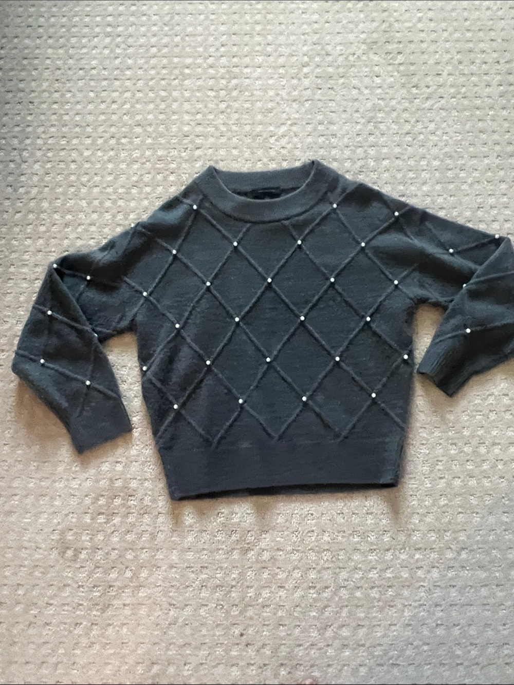 Ann Taylor Dark Gray Pearl-Accent Diamond Knit Sweater